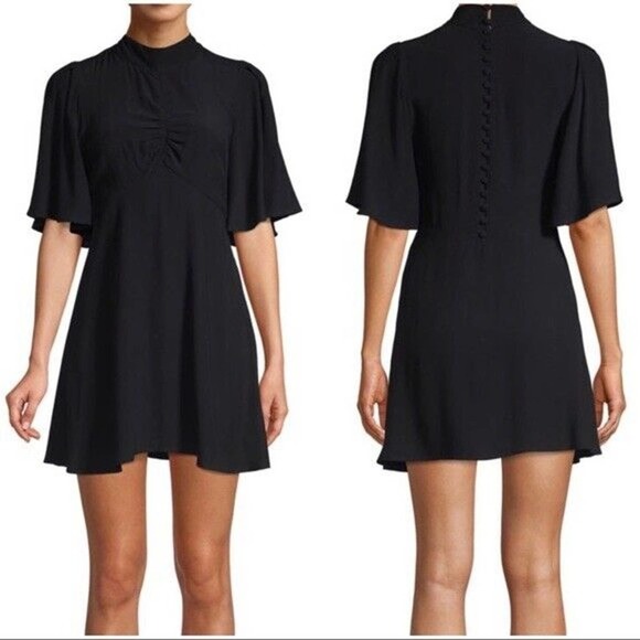 Free People | Be My Baby Ruched Mini Dress Size 2 Black Loose Fit Neck High - Picture 2 of 9